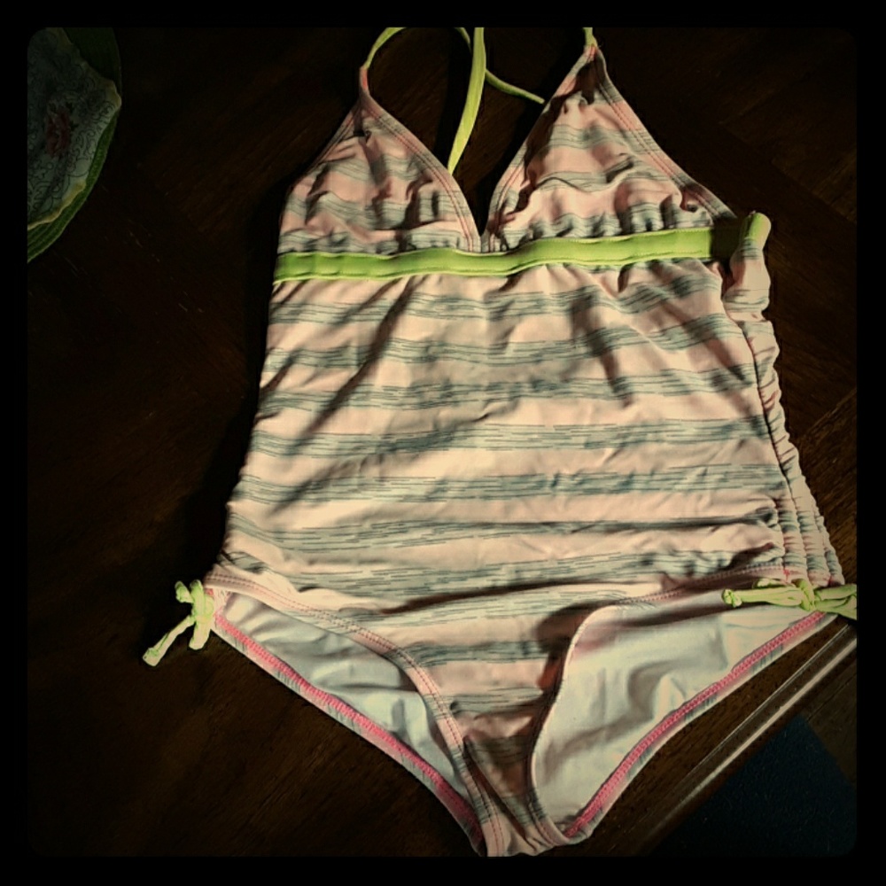 Lime green pink and gray girls bathing suit